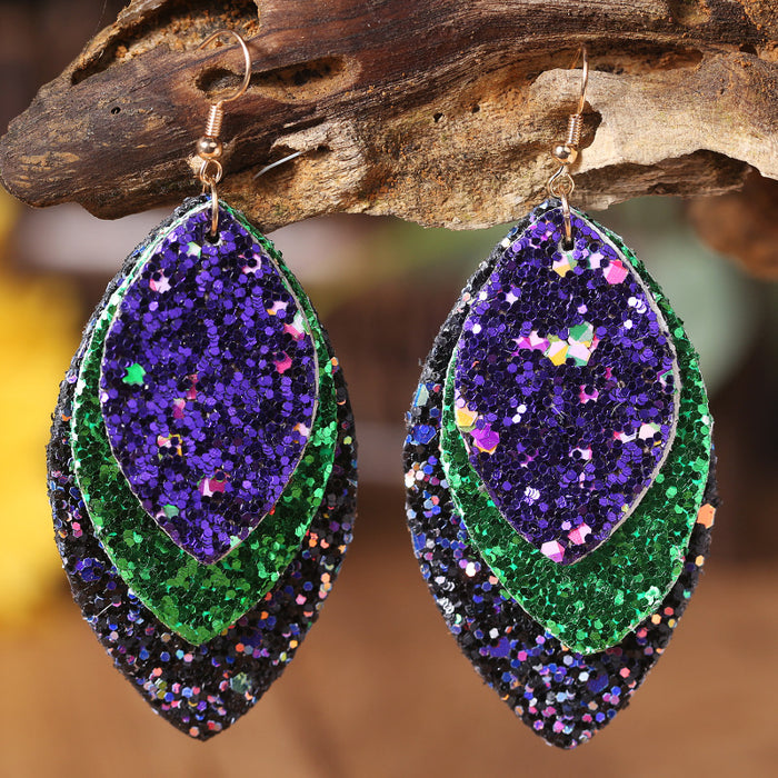 Halloween Glitter Leather Leaf Earrings with Geometric Design