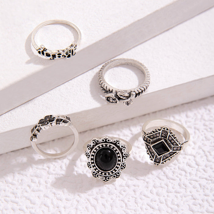 Black oil drop rose flower alphabet five-piece ring set