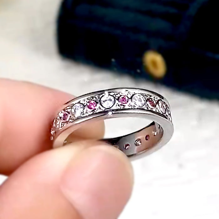 Exquisito anillo de una sola fila de diamantes rosados ​​y blancos con circonitas, regalo de cumpleaños, anillo para el meñique