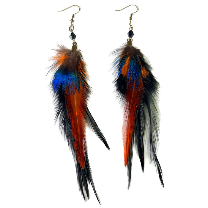 Pendientes de plumas naturales con diseño de pavo real y cuentas de cristal negro