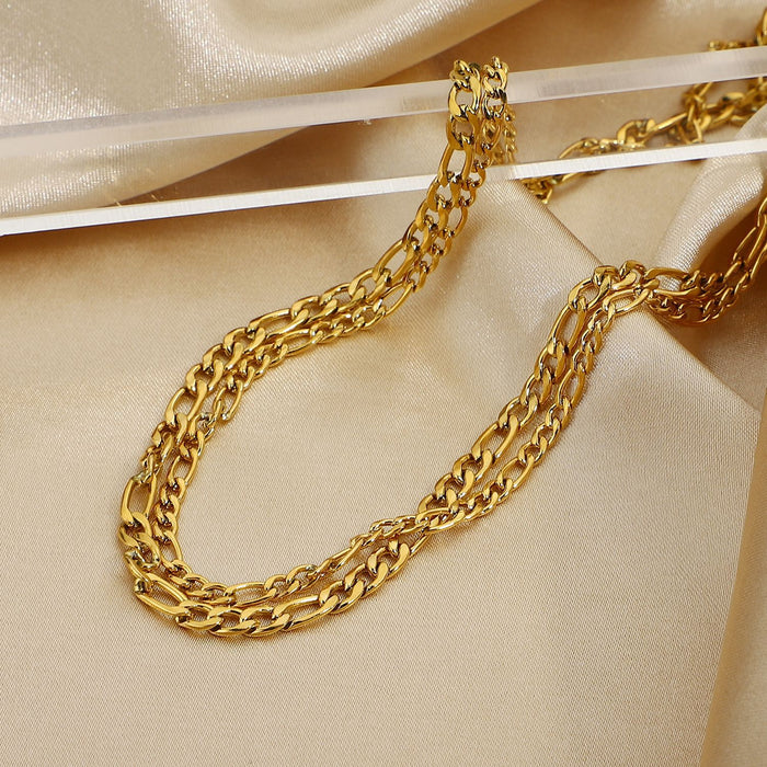 18K Gold-Plated Figaro Chain Necklace with Double Layers - Women's Fashion Jewelry