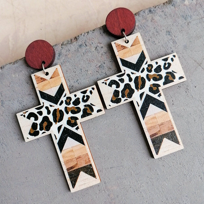 Wooden cross leopard print earrings