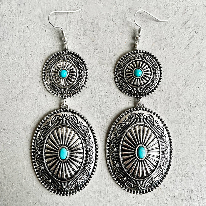 Western Bohemian Metal Earrings with Turquoise and Pumpkin Flower Design