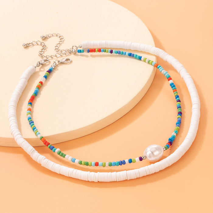 Ethnic Beaded Double-Layer Necklace - Colorful Bead Pearl Multilayer Choker