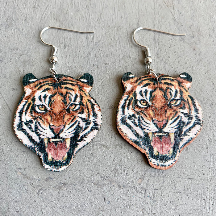 Wooden animal tiger earrings