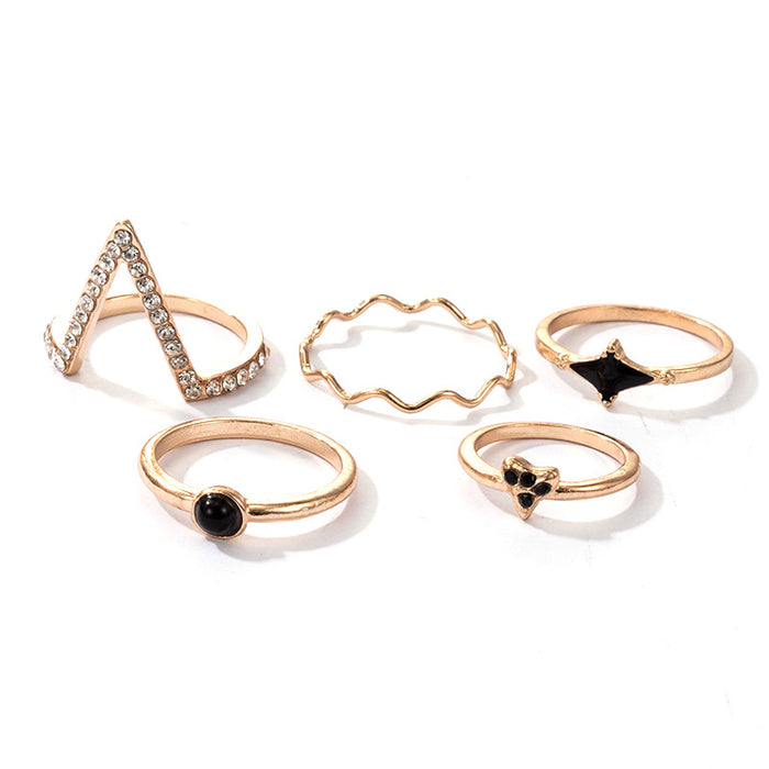 Vintage Black Oil Drop Wave V-Shaped Ring 5-Piece Set