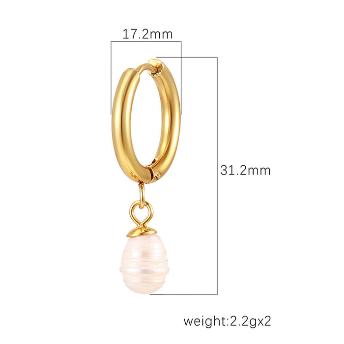 Light luxury freshwater pearl pendant earrings, retro stainless steel 18K gold all-match women's earrings