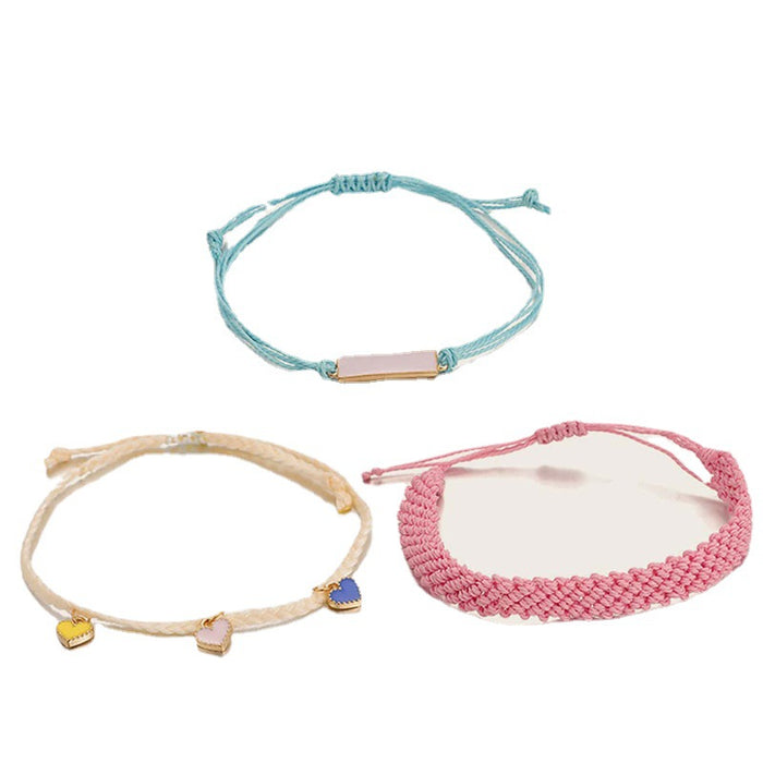 Bohemian Three-Piece Bracelet Set with Heart Pendant and Woven Rope - Casual Beach Jewelry