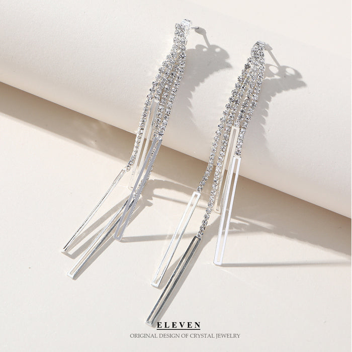 Geometric Rhinestone Tassel Earrings - Exaggerated Long Dangles for Evening Wear