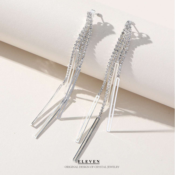 Geometric alloy diamond and rhinestone long tassel earrings