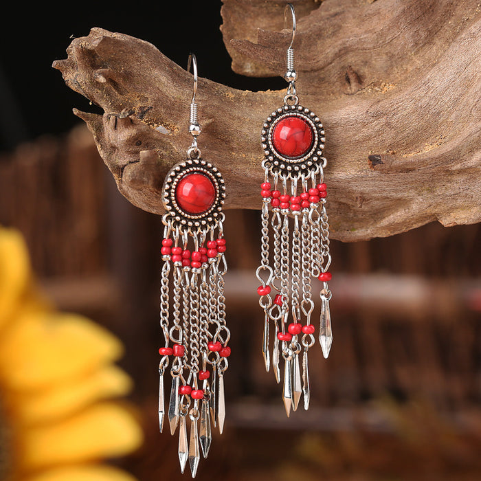 Bohemian Turquoise Ethnic Tassel Earrings with Metal Chain Design