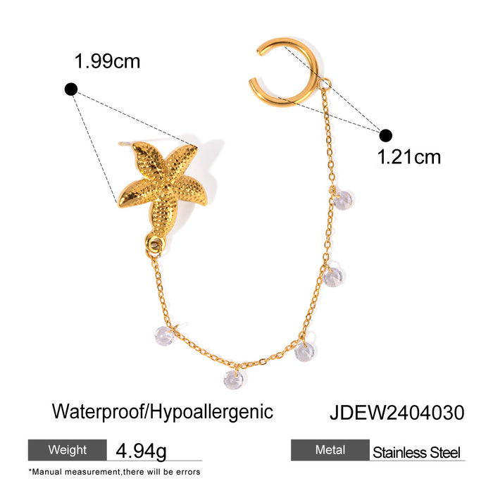 Pendientes con clip de acero inoxidable bañados en oro de 18 quilates con diamantes de imitación y estrellas de mar: joyería de acero de titanio de la serie Summer Ocean