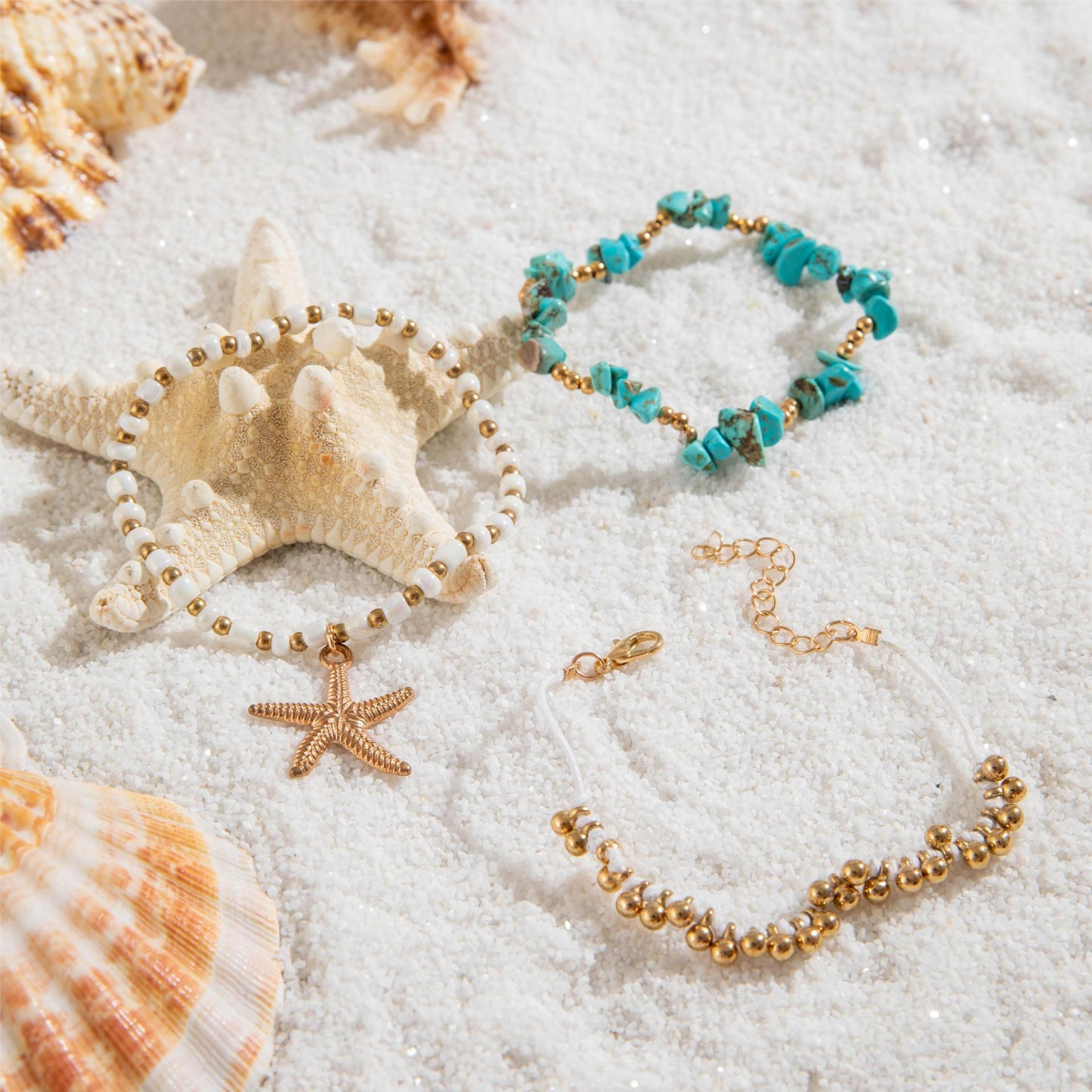 Bohemian Starfish Turquoise Bracelet Set - Beach Style Four-Piece Beaded Jewelry