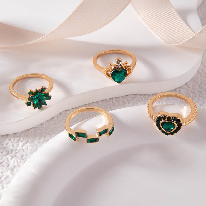 Emerald Heart Gemstone Ring Set - 4pcs Stylish Rings