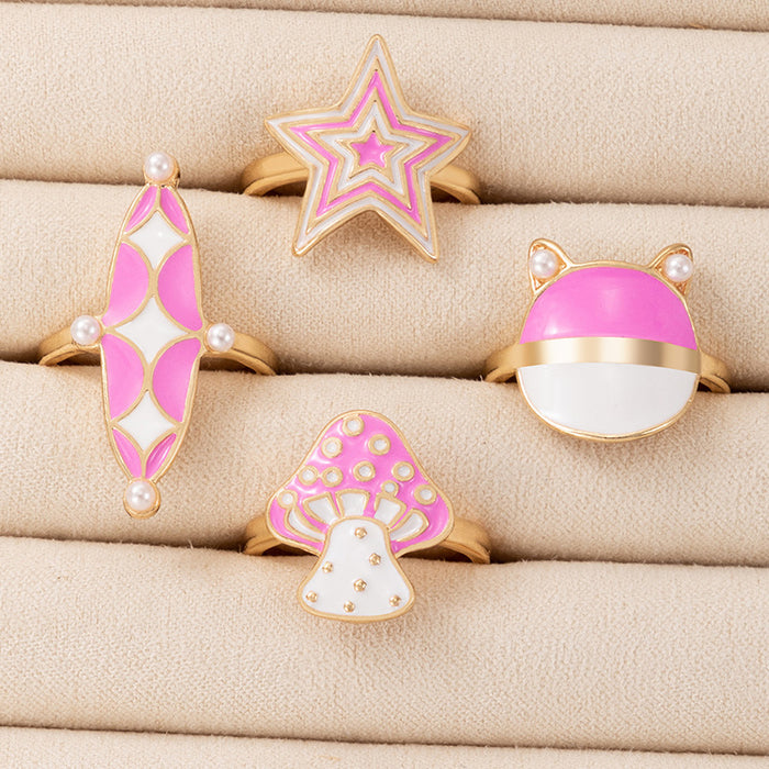 Pink Oil Drop Mushroom Pearl Ring 4-piece Set