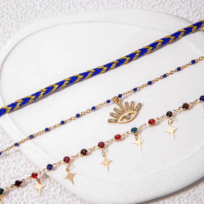 Ethnic Rope Anklet Set with Colorful Eye Pendant - Boho Style Foot Jewelry