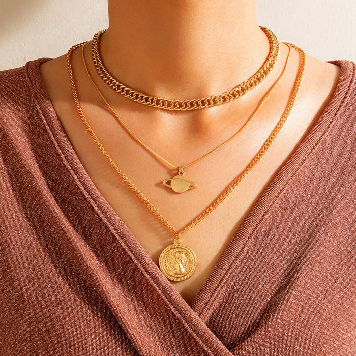 Punk Planet Multi-Layer Necklace Set with Geometric Irregular Chain - Three Layers