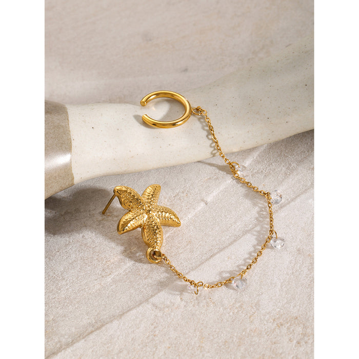 Pendientes con clip de acero inoxidable bañados en oro de 18 quilates con diamantes de imitación y estrellas de mar: joyería de acero de titanio de la serie Summer Ocean