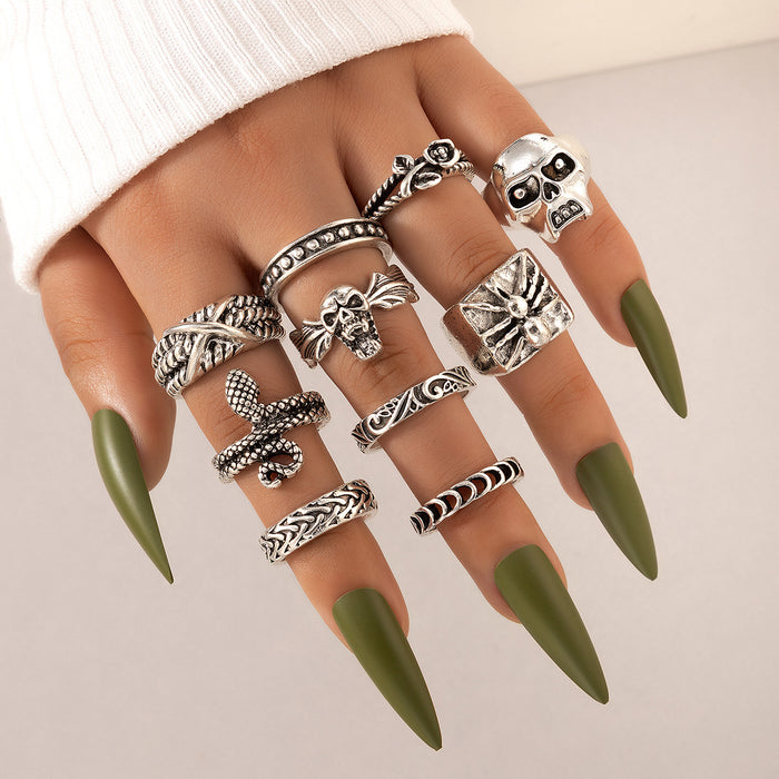 Punk style skull pentagram heart Halloween seven-piece ring