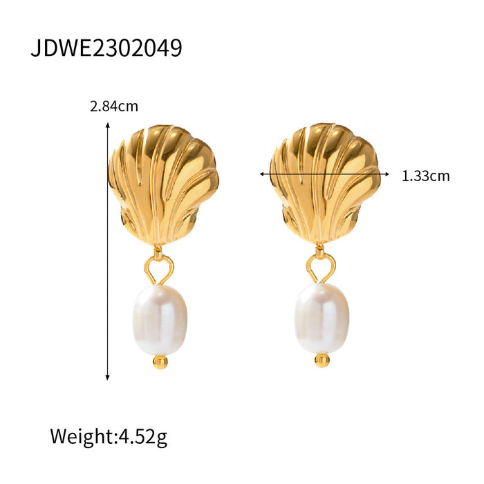 18K Gold Plated Stainless Steel Earrings - Freshwater Pearl Pendant Design Jewelry