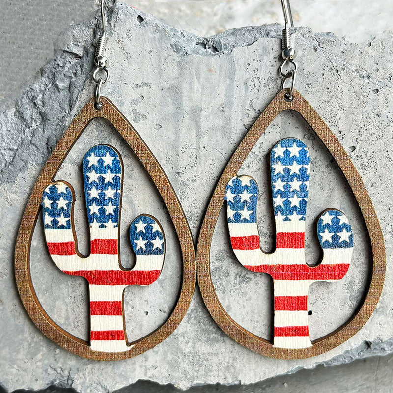 Wooden flower patriotic earrings