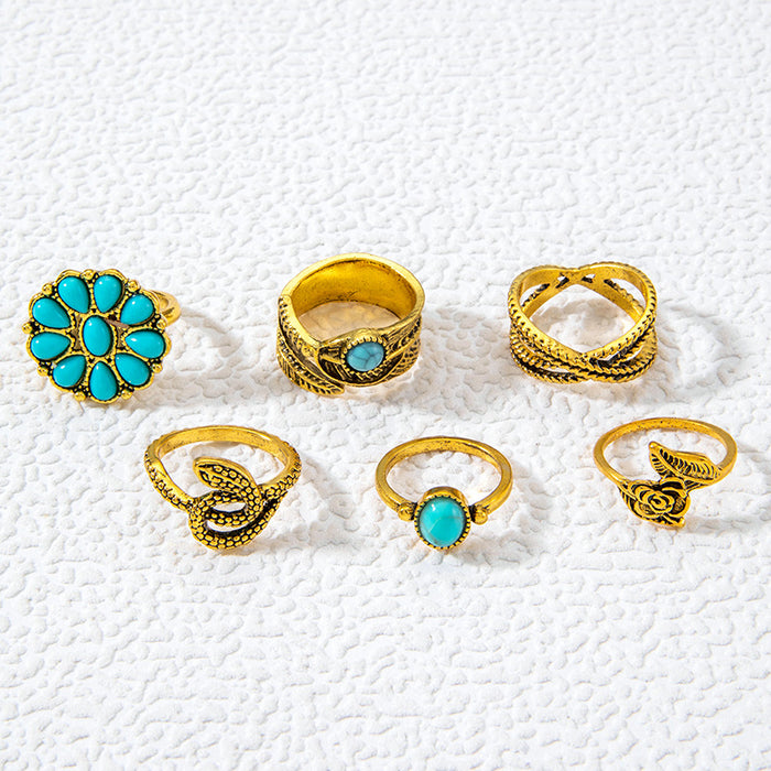 Vintage Turquoise Flower Feather Ring Set - 6pcs Punk Snake Rings