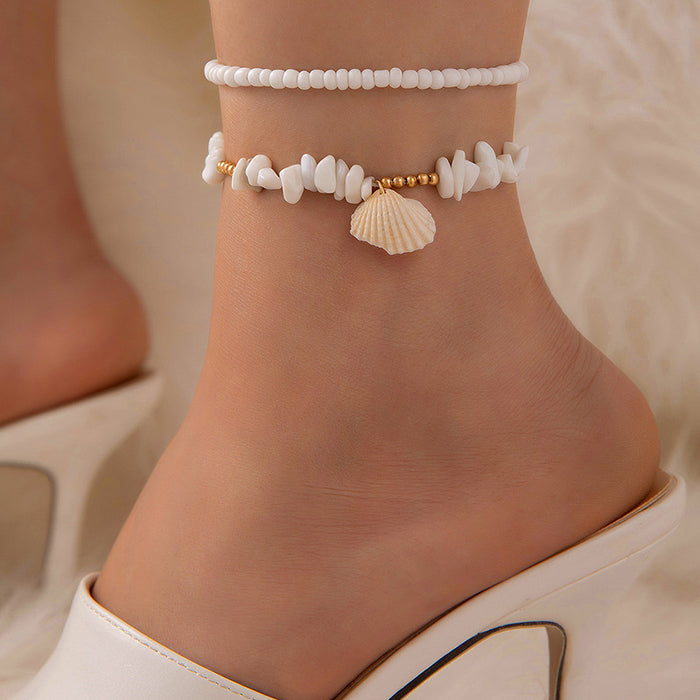 White Stone Shell Beaded Anklet Set - Boho Beach Style Foot Jewelry