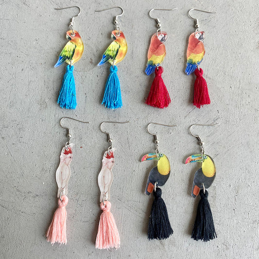 Colorful Parrot and Toucan Tassel Earrings with Summer Vibrant Design