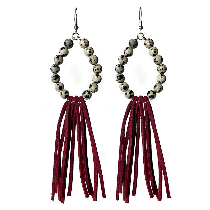 Natural Stone Bead and Leather Tassel Earrings with Western Texas Style