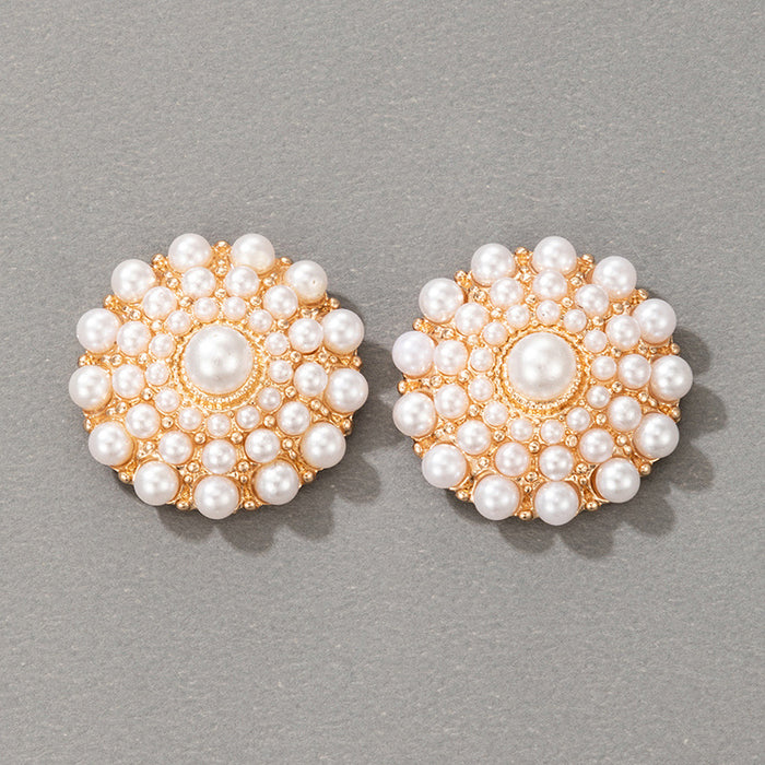 Baroque pearl round flower alloy earrings