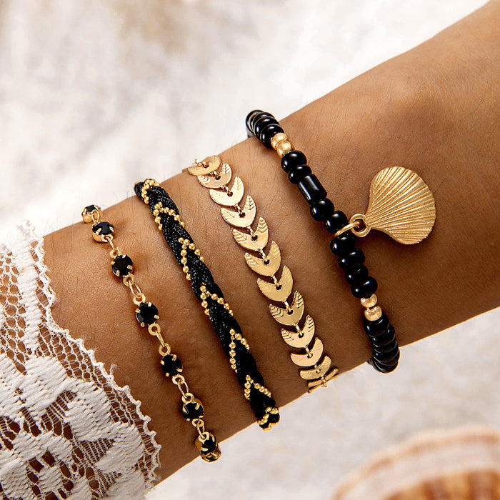 Bohemian Bead and Shell Bracelet Set - Four-Piece Ethnic Jewelry