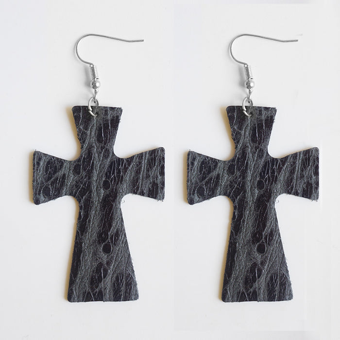 Vintage Embossed Leather Cross Earrings with Western Religious Style