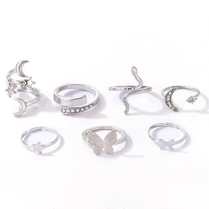 Simple star and moon diamond ring set, alloy butterfly snake zodiac seven-piece set