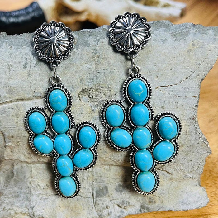 Ethnic Turquoise Cactus Earrings with Vintage Alloy Western Cowboy Design