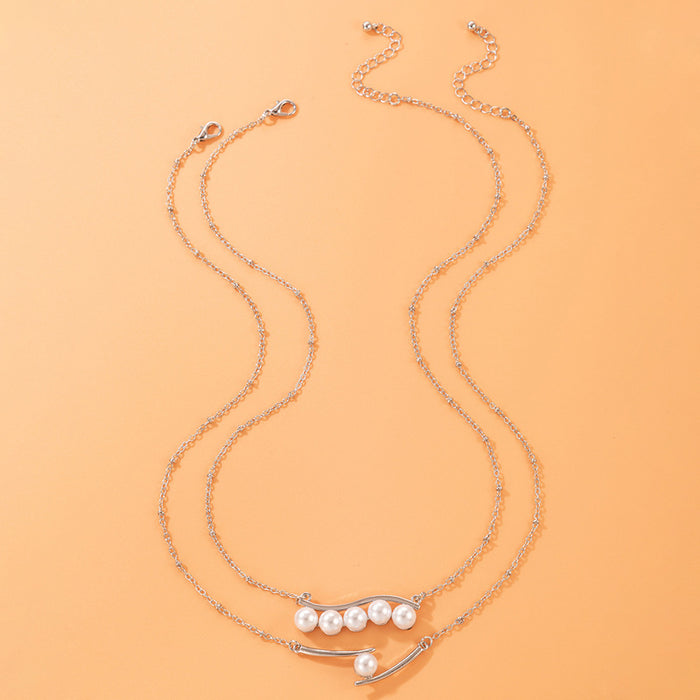 Luxury Pearl and Geometric Chain Necklace Set - Two Pieces