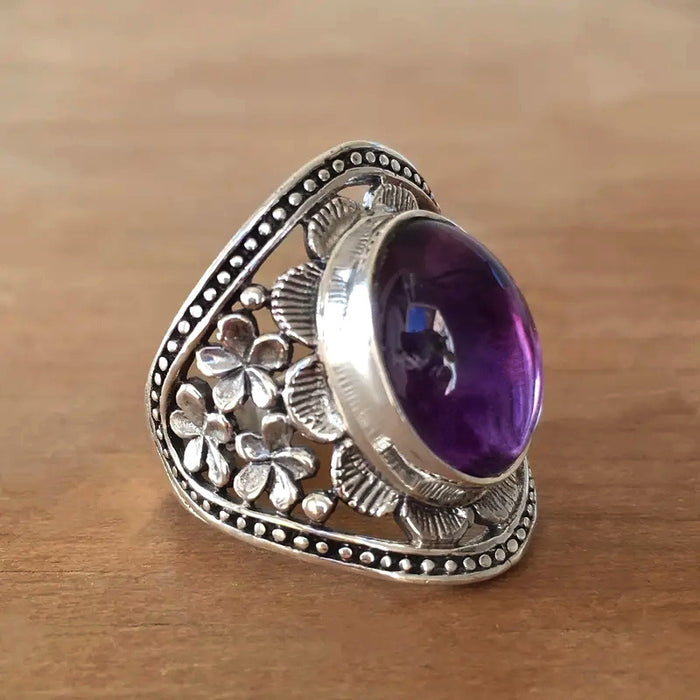 Anillo tallado con piedra lunar, estilo retro bohemio, para mujer