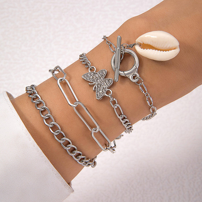 Silver Multi-Layer Butterfly Shell Bracelet Set - Four-Piece Rhinestone Jewelry