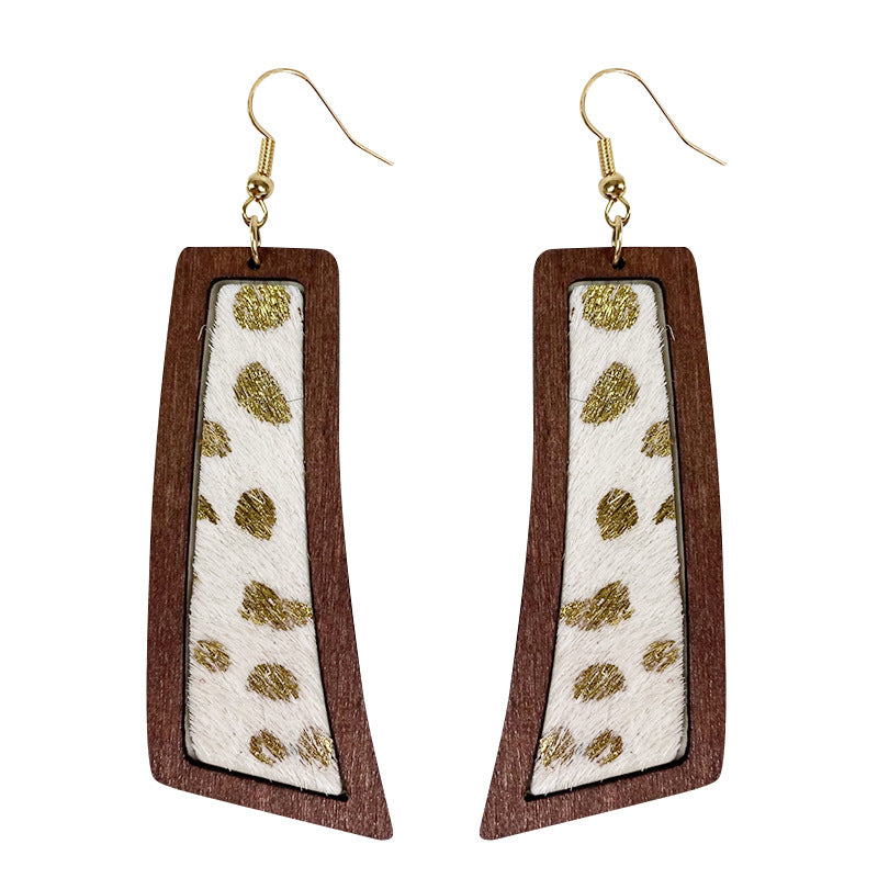 Bohemian Geometric Earrings with Leopard Print and Gold Dots on Cowhide Leather and Wood