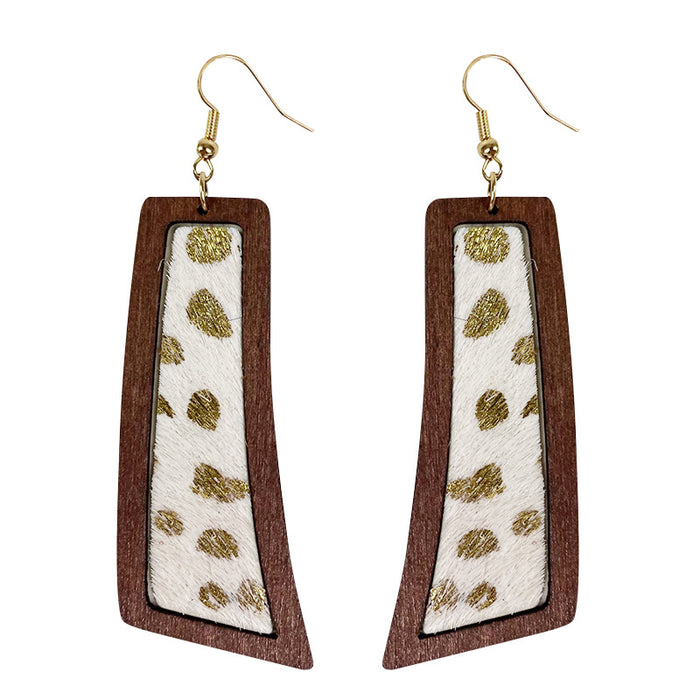 Bohemian Geometric Earrings with Leopard Print and Gold Dots on Cowhide Leather and Wood