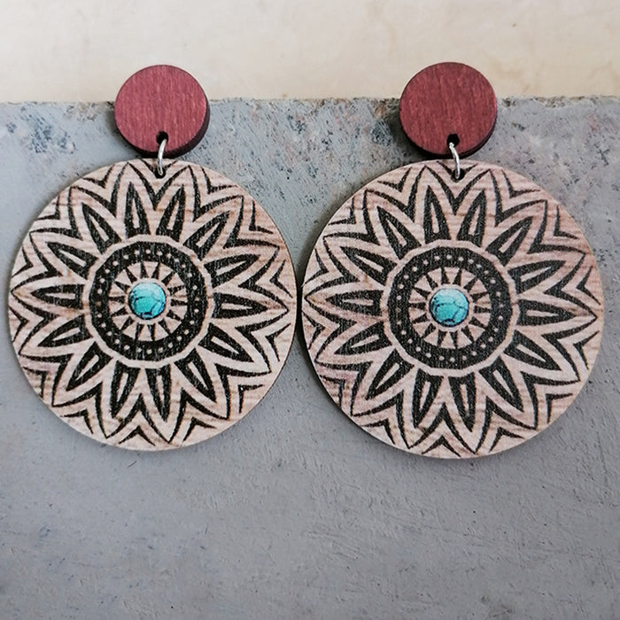 Wooden round flower earrings