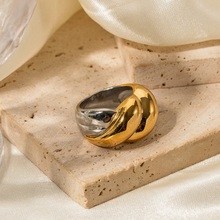 18K Gold Stainless Steel Wave Pattern Ring with Pearl Inlay