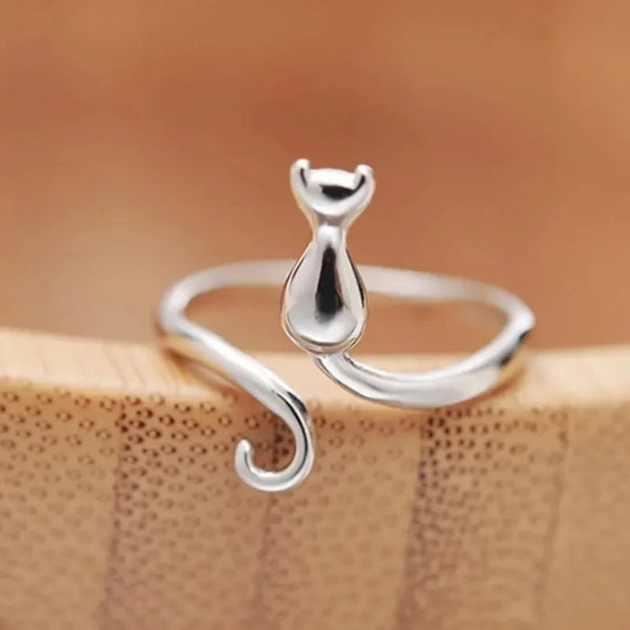 Lindo anillo abierto con orejas de gato, anillo de dibujos animados de animales pequeños