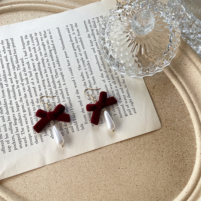 Bow Pearl Earrings Retro Japanese S925 Silver Needle Wine Red Earrings