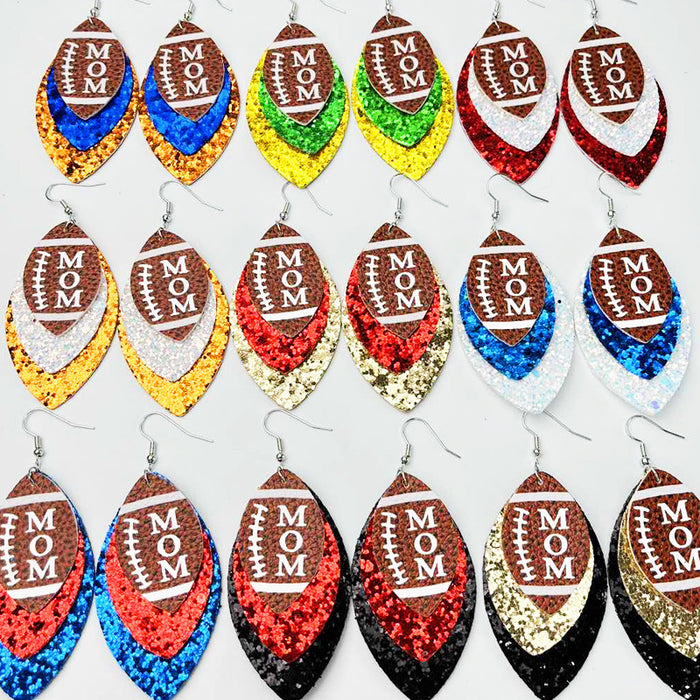 Football Mom Glitter Leather Earrings with Cheerleader Design