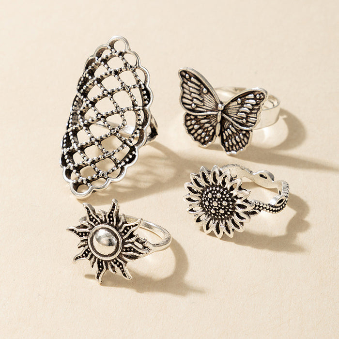 Butterfly, flower and sun vintage silver ring set of 4