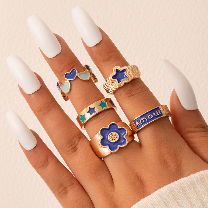 Blue oil drop flower heart ring 5-piece set