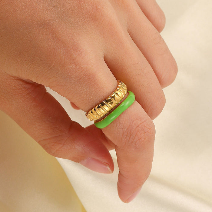 Fashionable 18K Gold Plated Stainless Steel Green Enamel Double Layer Ring