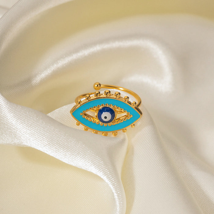 18K Gold Plated Stainless Steel Blue Enamel Evil Eye Ring - Fashionable and Tarnish-Resistant