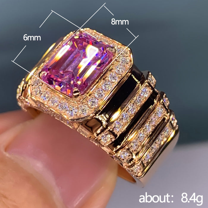 Anillo de bodas de cuarzo rosa con diamantes cuadrados y circonitas coloreadas Anillo de compromiso