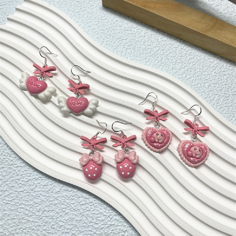 Pendientes de lazo de amor con pintura rosa dulce Pendientes de aguja de plata S925